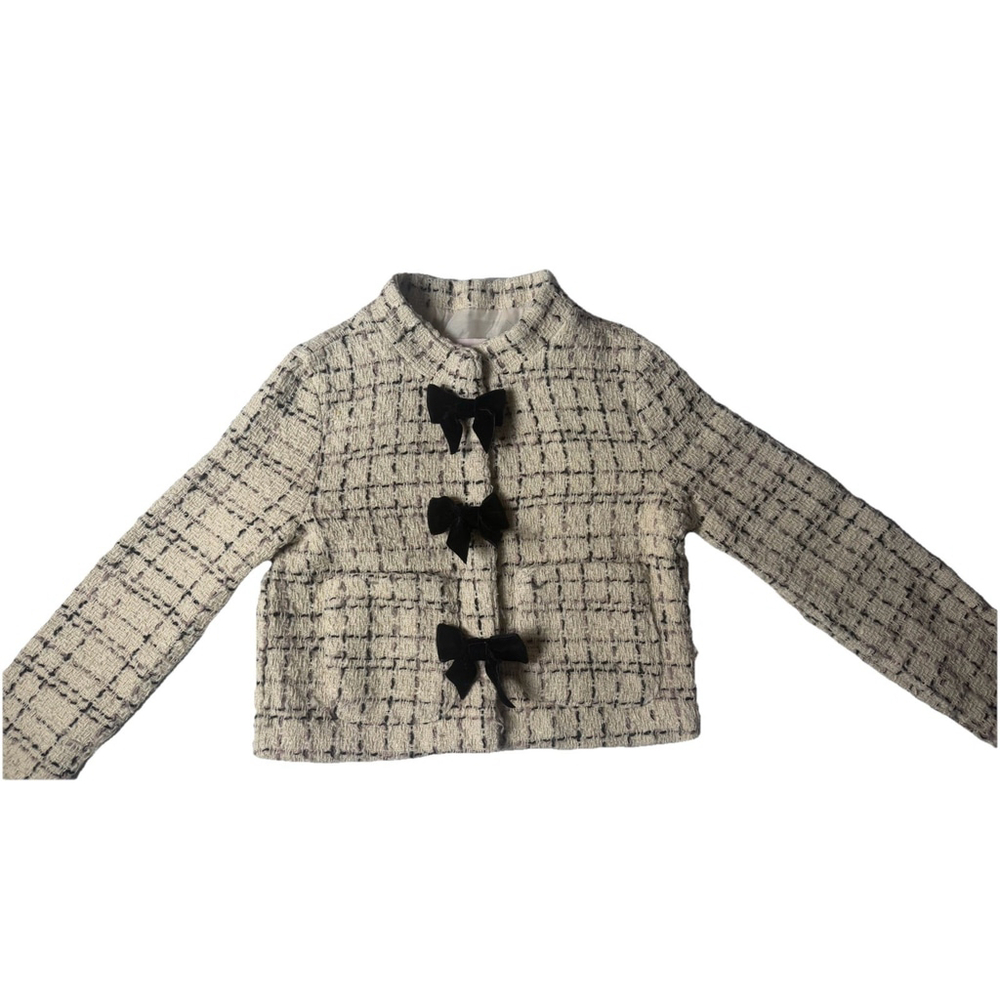 Girls Biscotti Tweed Jacket Size 7 Beige With Bows